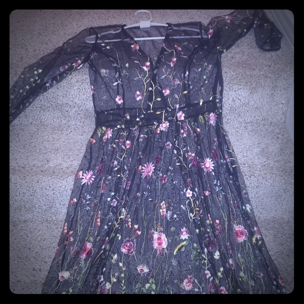 Sheer Floral Black Dress with Stitched Flowers